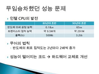    인텔 CPU의 발전
                 80년대 초반    90년대 초반
반도체 미세 공정 능력      0.18㎛          65㎚
트랜지스터 집적 능력      약 9.5M개     약 291M
      클록(㎐)       500㎒           3.2㎓


   무어의 법칙
    ◦ 반도체의 회로 집적도는 2년마다 2배씩 증가

   성능이 떨어지는 코드  하드웨어 교체로 개선
 