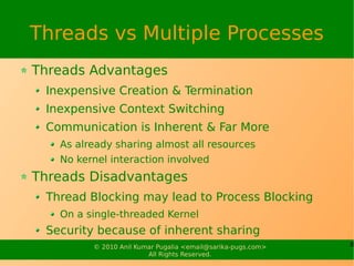 8© 2010 Anil Kumar Pugalia <email@sarika-pugs.com>
All Rights Reserved.
Threads vs Multiple Processes
Threads Advantages
I...