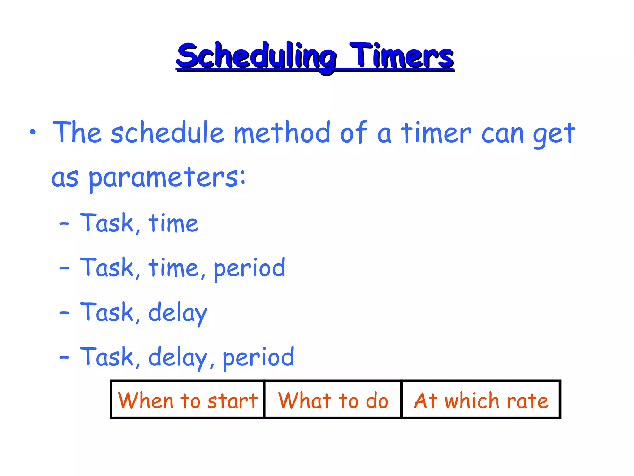 SScchheedduulliinngg TTiimmeerrss 
• The schedule method of a timer can get 
as parameters: 
– Task, time 
– Task, time, period 
– Task, delay 
– Task, delay, period 
When to start What to do At which rate 
 