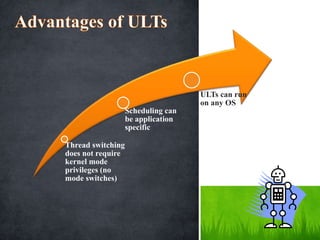 Thread switching
does not require
kernel mode
privileges (no
mode switches)
Scheduling can
be application
specific
ULTs can run
on any OS
 