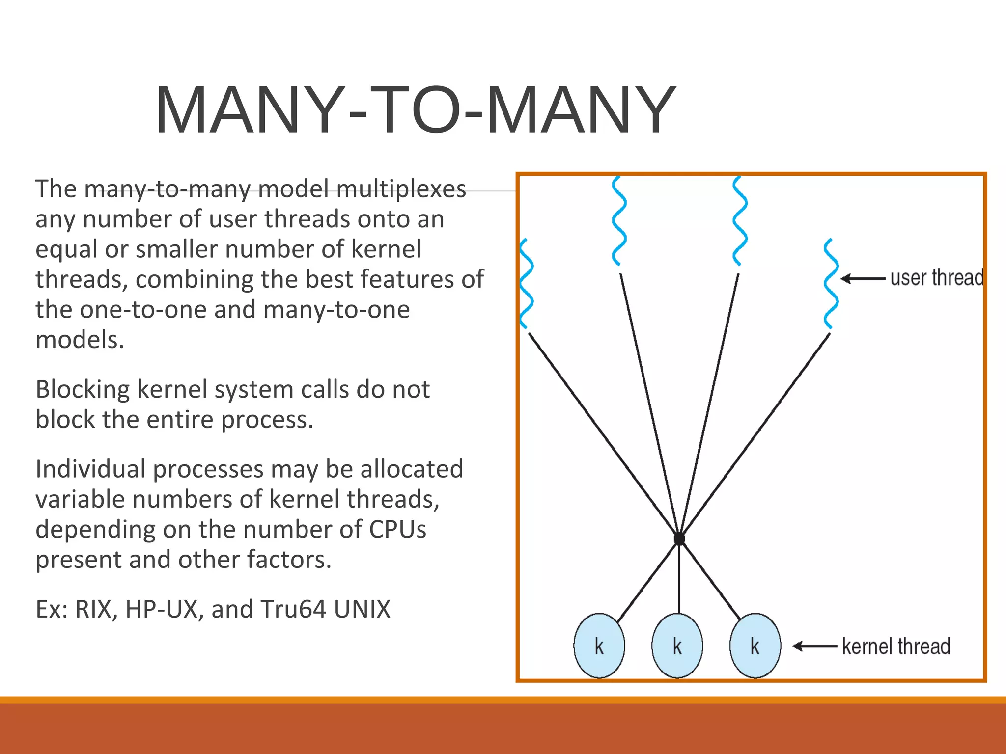 MANY-TO-MANY
The many-to-many model multiplexes
any number of user threads onto an
equal or smaller number of kernel
threads, combining the best features of
the one-to-one and many-to-one
models.
Blocking kernel system calls do not
block the entire process.
Individual processes may be allocated
variable numbers of kernel threads,
depending on the number of CPUs
present and other factors.
Ex: RIX, HP-UX, and Tru64 UNIX
 
