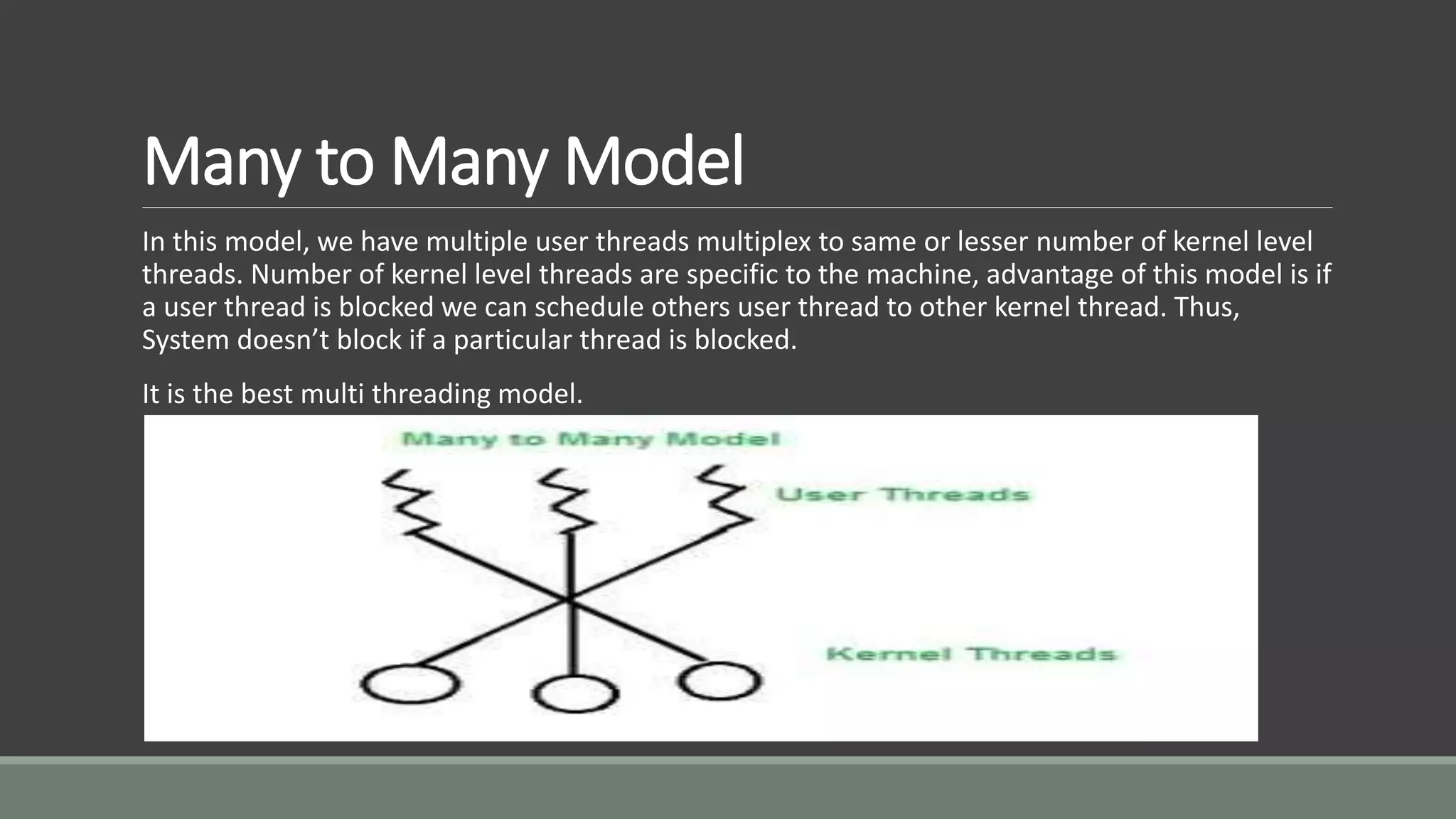 Many to Many Model
In this model, we have multiple user threads multiplex to same or lesser number of kernel level
threads. Number of kernel level threads are specific to the machine, advantage of this model is if
a user thread is blocked we can schedule others user thread to other kernel thread. Thus,
System doesn’t block if a particular thread is blocked.
It is the best multi threading model.
 