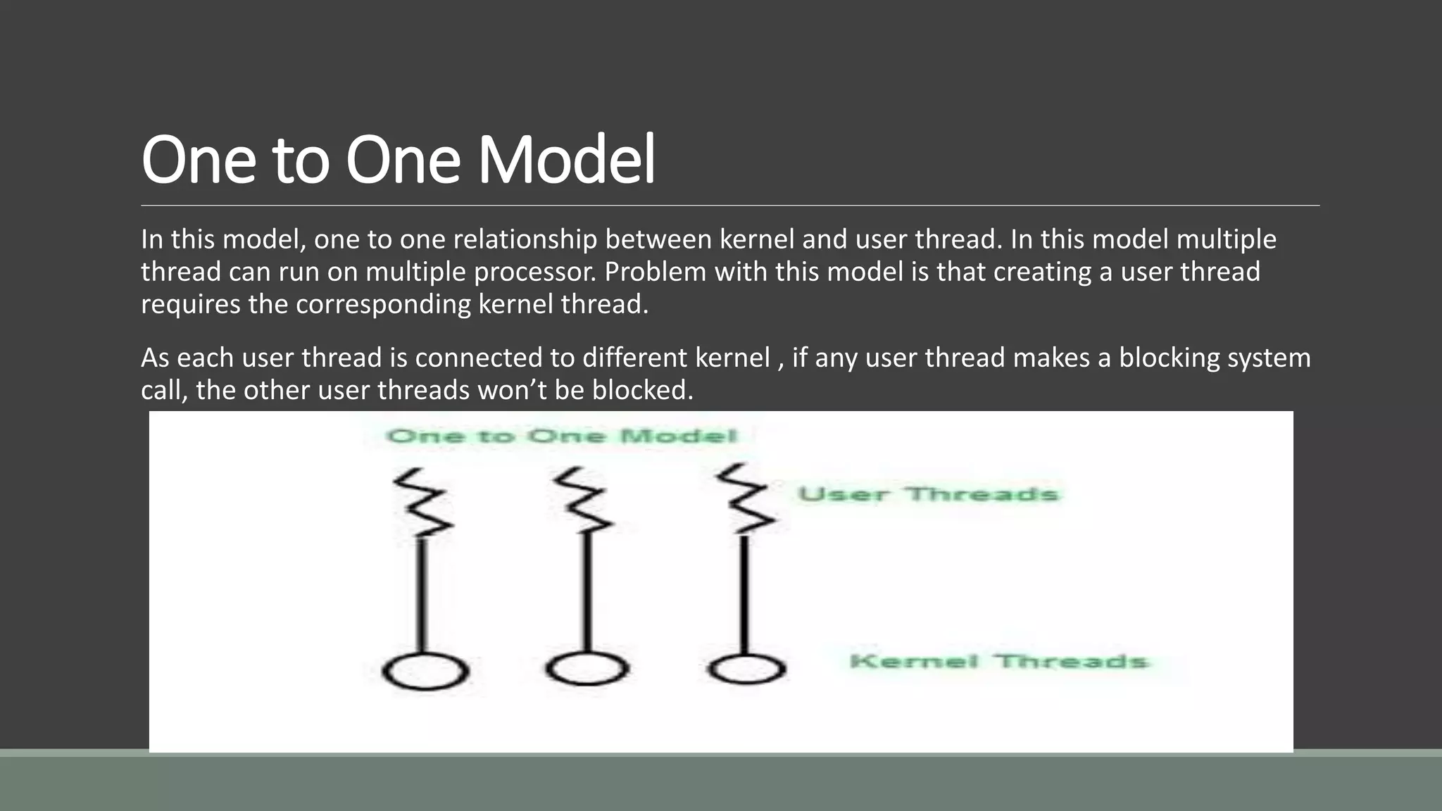 One to One Model
In this model, one to one relationship between kernel and user thread. In this model multiple
thread can run on multiple processor. Problem with this model is that creating a user thread
requires the corresponding kernel thread.
As each user thread is connected to different kernel , if any user thread makes a blocking system
call, the other user threads won’t be blocked.
 