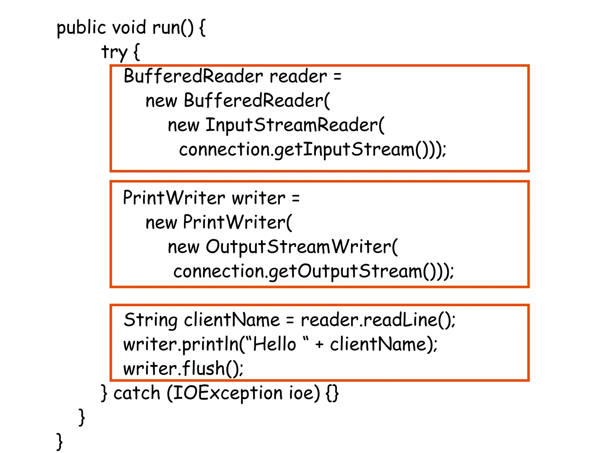 public void run() {
try {
BufferedReader reader =
new BufferedReader(
new InputStreamReader(
connection.getInputStream()));
PrintWriter writer =
new PrintWriter(
new OutputStreamWriter(
connection.getOutputStream()));
String clientName = reader.readLine();
writer.println(“Hello “ + clientName);
writer.flush();
} catch (IOException ioe) {}
}
}
 