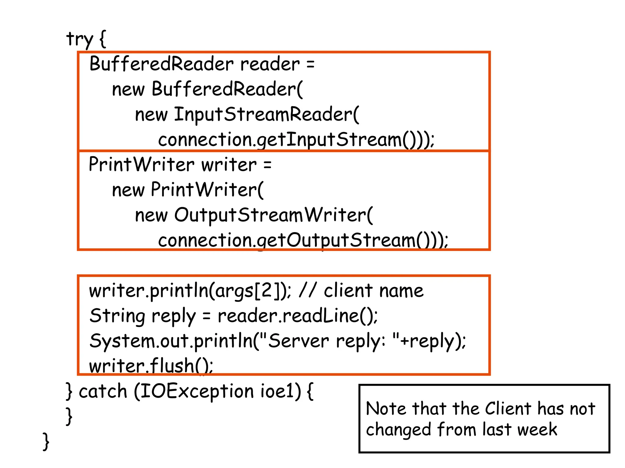 try {
BufferedReader reader =
new BufferedReader(
new InputStreamReader(
connection.getInputStream()));
PrintWriter writer =
new PrintWriter(
new OutputStreamWriter(
connection.getOutputStream()));
writer.println(args[2]); // client name
String reply = reader.readLine();
System.out.println("Server reply: "+reply);
writer.flush();
} catch (IOException ioe1) {
}
}
Note that the Client has not
changed from last week
 