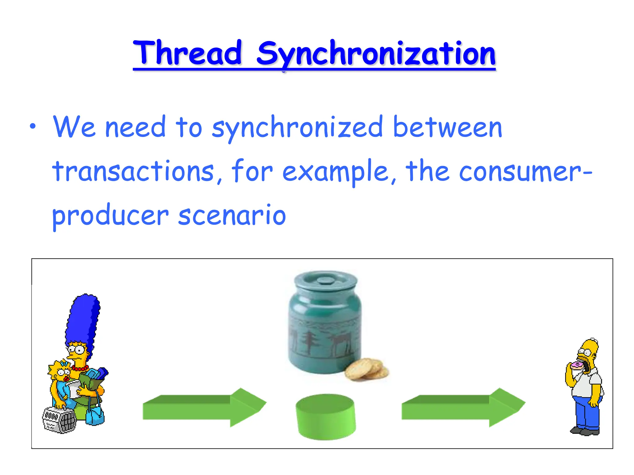 Thread Synchronization
• We need to synchronized between
transactions, for example, the consumer-
producer scenario
 