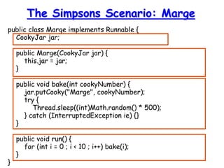 public class Marge implements Runnable {
CookyJar jar;
public Marge(CookyJar jar) {
this.jar = jar;
}
public void bake(int cookyNumber) {
jar.putCooky("Marge", cookyNumber);
try {
Thread.sleep((int)Math.random() * 500);
} catch (InterruptedException ie) {}
}
public void run() {
for (int i = 0 ; i < 10 ; i++) bake(i);
}
}
The Simpsons Scenario: Marge
 