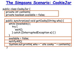 public class CookyJar {
private int contents;
private boolean available = false;
public synchronized void getCooky(String who) {
while (!available) {
try {
wait();
} catch (InterruptedException e) { }
}
available = false;
notifyAll();
System.out.println( who + " ate cooky " + contents);
}
The Simpsons Scenario: CookieJar
 