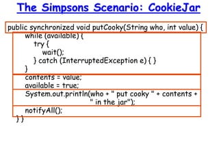public synchronized void putCooky(String who, int value) {
while (available) {
try {
wait();
} catch (InterruptedException e) { }
}
contents = value;
available = true;
System.out.println(who + " put cooky " + contents +
" in the jar");
notifyAll();
} }
The Simpsons Scenario: CookieJar
 