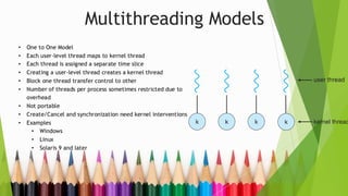 Multithreading Models
• One to One Model
• Each user-level thread maps to kernel thread
• Each thread is assigned a separate time slice
• Creating a user-level thread creates a kernel thread
• Block one thread transfer control to other
• Number of threads per process sometimes restricted due to
overhead
• Not portable
• Create/Cancel and synchronization need kernel interventions
• Examples
• Windows
• Linux
• Solaris 9 and later
 