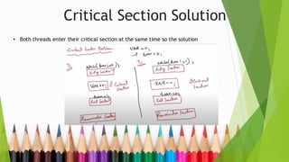 Critical Section Solution
• Both threads enter their critical section at the same time so the solution
 