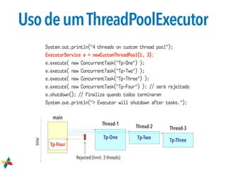 UsodeumThreadPoolExecutor
Tp-One Tp-Two
Tp-Three
main
time
Thread-1
Thread-2 Thread-3
Tp-Four
Rejected (limit: 3 threads)
System.out.println("4 threads on custom thread pool");
ExecutorService e = newCustomThreadPool(1, 3);
e.execute( new ConcurrentTask("Tp-One") );
e.execute( new ConcurrentTask("Tp-Two") );
e.execute( new ConcurrentTask("Tp-Three") );
e.execute( new ConcurrentTask("Tp-Four") ); // será rejeitado
e.shutdown(); // finaliza quando todos terminarem
System.out.println("> Executor will shutdown after tasks.");
 