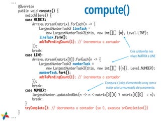 compute()
...
@Override
public void compute() {
switch(level) {
case MATRIX:
Arrays.stream(matrix).forEach(n -> {
LargestNumberTask3 lineTask =  
new LargestNumberTask3(this, new int[][] {n}, Level.LINE);
lineTask.fork();
addToPendingCount(1); // incrementa o contador
});
break;
case LINE:
Arrays.stream(matrix[0]).forEach(n -> {
LargestNumberTask3 numberTask =  
new LargestNumberTask3(this, new int[][] {{n}}, Level.NUMBER);
numberTask.fork();
addToPendingCount(1); // incrementa o contador
});
break;
case NUMBER:
largestNumber.updateAndGet(n -> n < matrix[0][0] ? matrix[0][0] : n);
break;
}
tryComplete(); // decrementa o contador (se 0, executa onCompletion())
}
...
Cria subtarefas nos
níveis MATRIX e LINE
Compara o único elemento do array com o
maior valor armazenado até o momento.
 