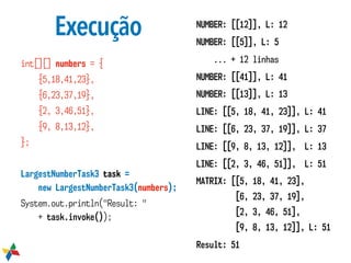 Execução
int[][] numbers = {
{5,18,41,23},
{6,23,37,19},
{2, 3,46,51},
{9, 8,13,12},
};
LargestNumberTask3 task =  
new LargestNumberTask3(numbers);
System.out.println("Result: "  
+ task.invoke());
NUMBER: [[12]], L: 12
NUMBER: [[5]], L: 5
... + 12 linhas
NUMBER: [[41]], L: 41
NUMBER: [[13]], L: 13
LINE: [[5, 18, 41, 23]], L: 41
LINE: [[6, 23, 37, 19]], L: 37
LINE: [[9, 8, 13, 12]], L: 13
LINE: [[2, 3, 46, 51]], L: 51
MATRIX: [[5, 18, 41, 23],  
[6, 23, 37, 19],  
[2, 3, 46, 51],  
[9, 8, 13, 12]], L: 51
Result: 51
 