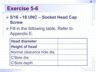 Copyright ©2006 by K. Plantenberg
Restricted use only
Exercise 5-6
 5/16 - 18 UNC – Socket Head Cap
Screw
 Fill in the following table. Refer to
Appendix E.
Head diameter
Height of head
Normal clearance hole dia.
C’Bore dia.
C’Bore depth
 