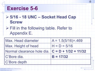 Copyright ©2006 by K. Plantenberg
Restricted use only
Exercise 5-6
 5/16 - 18 UNC – Socket Head Cap
Screw
 Fill in the following table. Refer to
Appendix E.
Max. Head diameter A = 1.5(5/16)=.469
Max. Height of head H = D = 5/16
Normal clearance hole dia. C = D + 1/32 = 11/32
C’Bore dia. B = 17/32
C’Bore depth
 