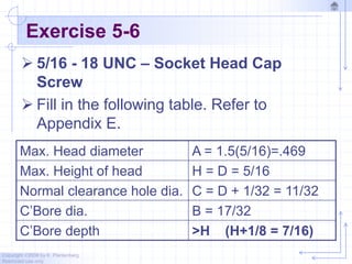 Copyright ©2006 by K. Plantenberg
Restricted use only
Exercise 5-6
 5/16 - 18 UNC – Socket Head Cap
Screw
 Fill in the following table. Refer to
Appendix E.
Max. Head diameter A = 1.5(5/16)=.469
Max. Height of head H = D = 5/16
Normal clearance hole dia. C = D + 1/32 = 11/32
C’Bore dia. B = 17/32
C’Bore depth >H (H+1/8 = 7/16)
 