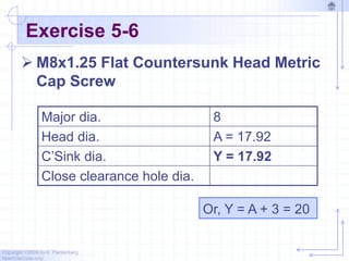 Copyright ©2006 by K. Plantenberg
Restricted use only
Exercise 5-6
 M8x1.25 Flat Countersunk Head Metric
Cap Screw
Major dia. 8
Head dia. A = 17.92
C’Sink dia. Y = 17.92
Close clearance hole dia.
Or, Y = A + 3 = 20
 