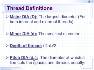 Copyright ©2006 by K. Plantenberg
Restricted use only
Thread Definitions
 Major DIA (D): The largest diameter (For
both internal and external threads).
 Minor DIA (d): The smallest diameter.
 Depth of thread: (D-d)/2
 Pitch DIA (dP): The diameter at which a
line cuts the spaces and threads equally.
 