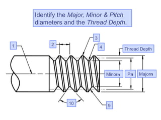 8
Identify the Major, Minor & Pitch
diameters and the Thread Depth.
1 2
3
4
Minorn
10 9
Thread Depth
Majorn
Pn
 