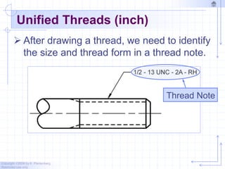 Copyright ©2006 by K. Plantenberg
Restricted use only
Unified Threads (inch)
 After drawing a thread, we need to identify
the size and thread form in a thread note.
Thread Note
 