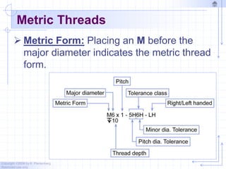 Copyright ©2006 by K. Plantenberg
Restricted use only
Metric Threads
 Metric Form: Placing an M before the
major diameter indicates the metric thread
form.
 