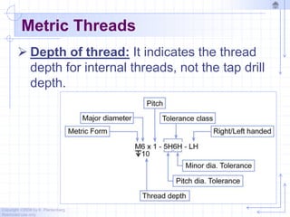 Copyright ©2006 by K. Plantenberg
Restricted use only
Metric Threads
 Depth of thread: It indicates the thread
depth for internal threads, not the tap drill
depth.
 