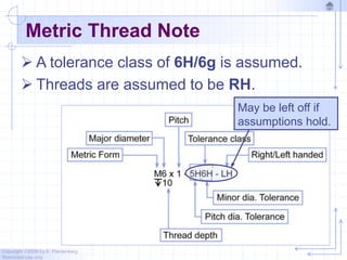 Copyright ©2006 by K. Plantenberg
Restricted use only
Metric Thread Note
 A tolerance class of 6H/6g is assumed.
 Threads are assumed to be RH.
May be left off if
assumptions hold.
 