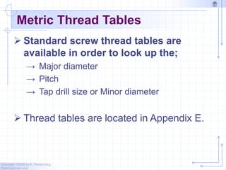 Copyright ©2006 by K. Plantenberg
Restricted use only
Metric Thread Tables
 Standard screw thread tables are
available in order to look up the;
→ Major diameter
→ Pitch
→ Tap drill size or Minor diameter
 Thread tables are located in Appendix E.
 