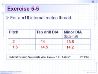 Copyright ©2006 by K. Plantenberg
Restricted use only
Exercise 5-5
 For a n16 internal metric thread.
Pitch Tap drill DIA Minor DIA
(External)
2
1.5
14
14.5
13.6
14.2
 