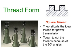 Thread Form
Square Thread
• Theoretically the ideal
thread for power
transmission
• Tough to cut the
threads because of
the 90° angles
 