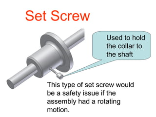 Set Screw
Used to hold
the collar to
the shaft
This type of set screw would
be a safety issue if the
assembly had a rotating
motion.
 