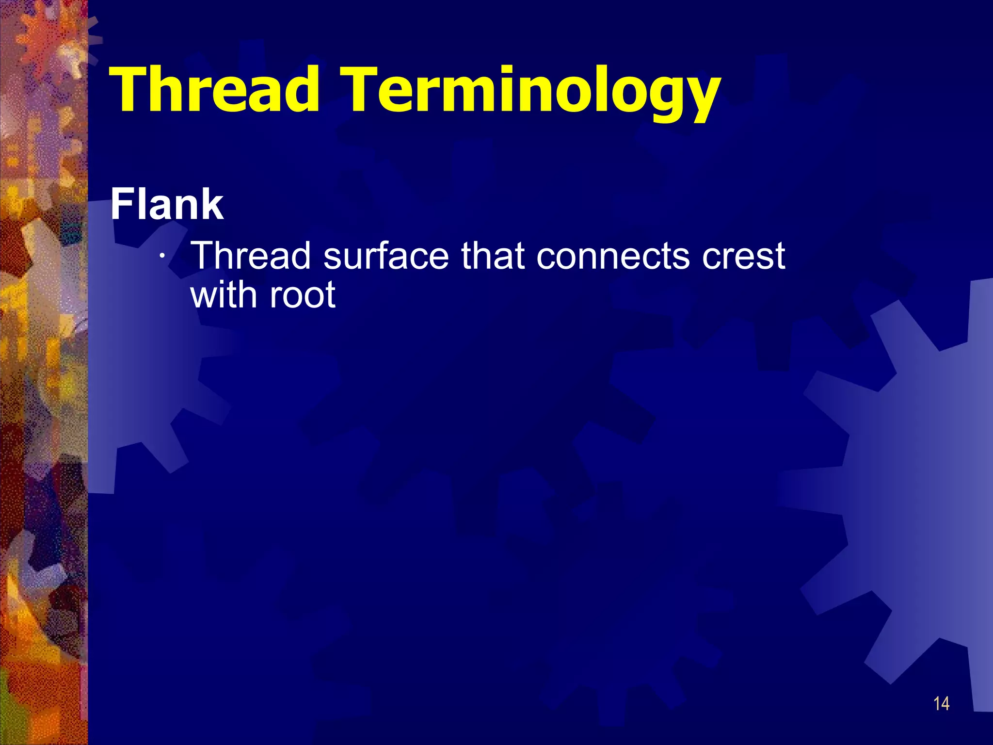 Flank Thread surface that connects crest with root Thread Terminology 