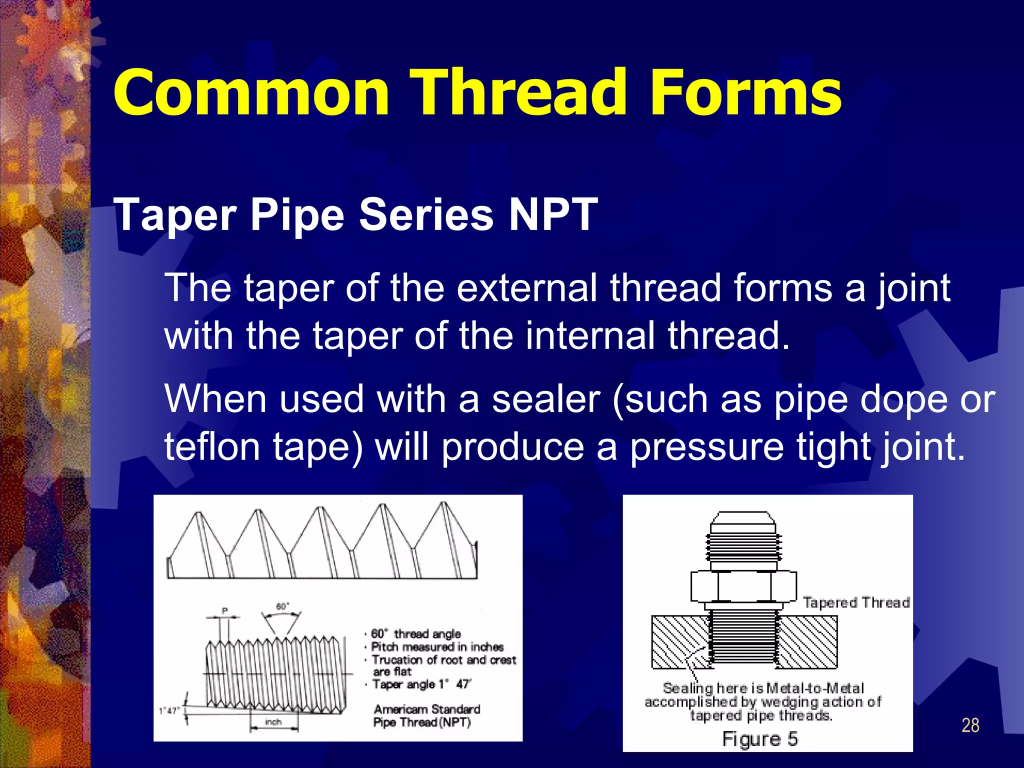 Common Thread Forms Taper Pipe Series NPT When used with a sealer (such as pipe dope or teflon tape) will produce a pressure tight joint. The taper of the external thread forms a joint with the taper of the internal thread. 