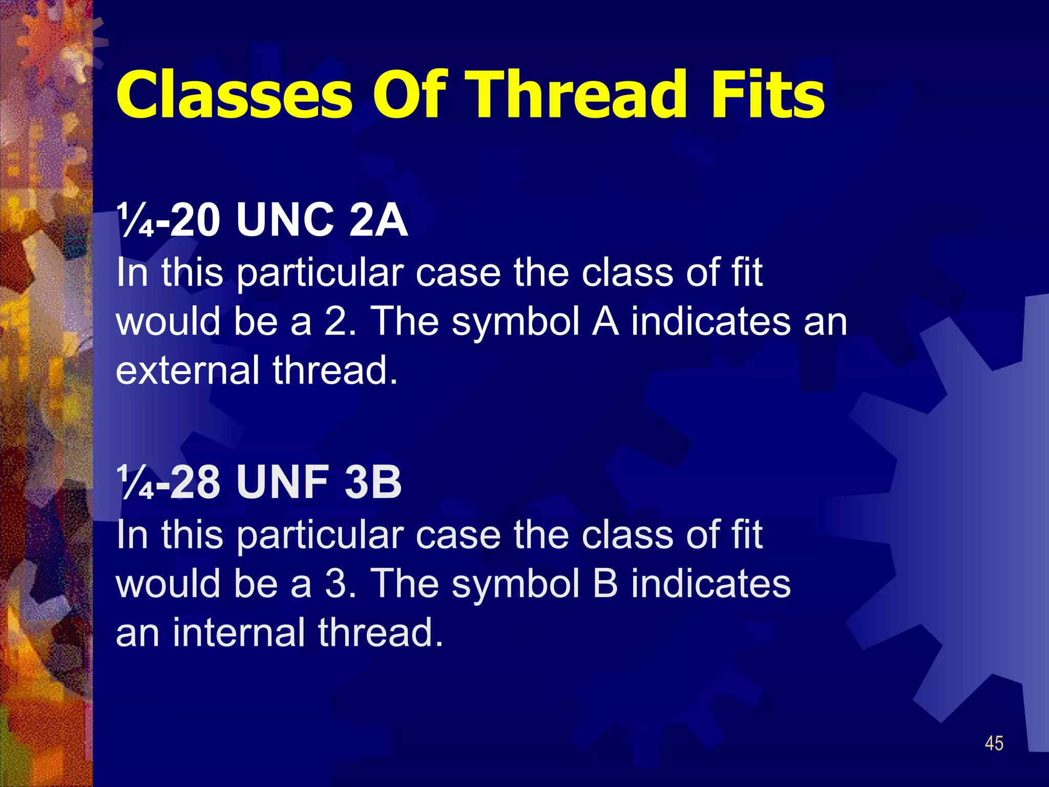 Classes Of Thread Fits ¼-20 UNC 2A In this particular case the class of fit would be a 2. The symbol A indicates an external thread.   ¼-28 UNF 3B In this particular case the class of fit would be a 3. The symbol B indicates an internal thread. 