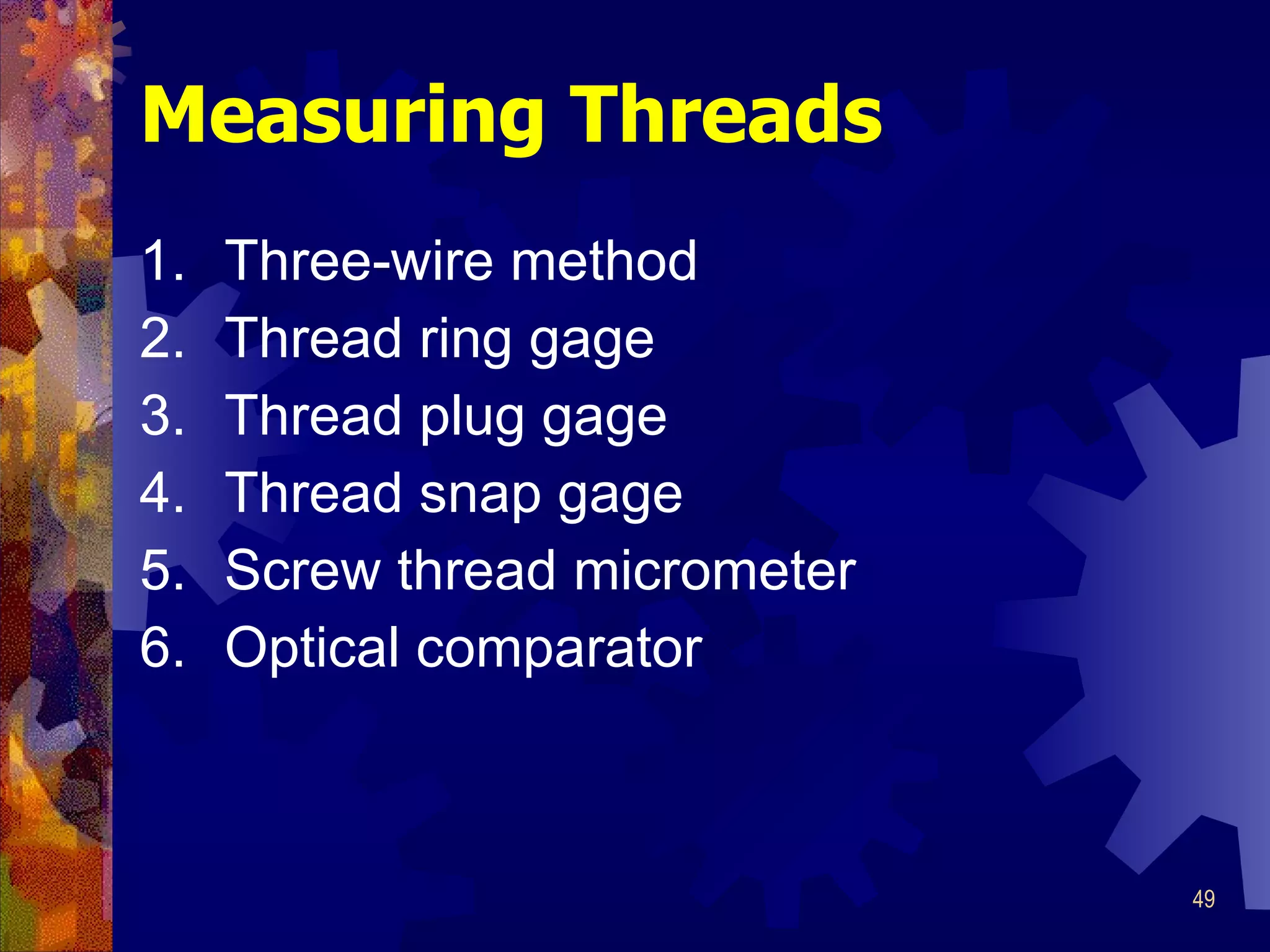 Measuring Threads Three-wire method Thread ring gage Thread plug gage Thread snap gage Screw thread micrometer Optical comparator 