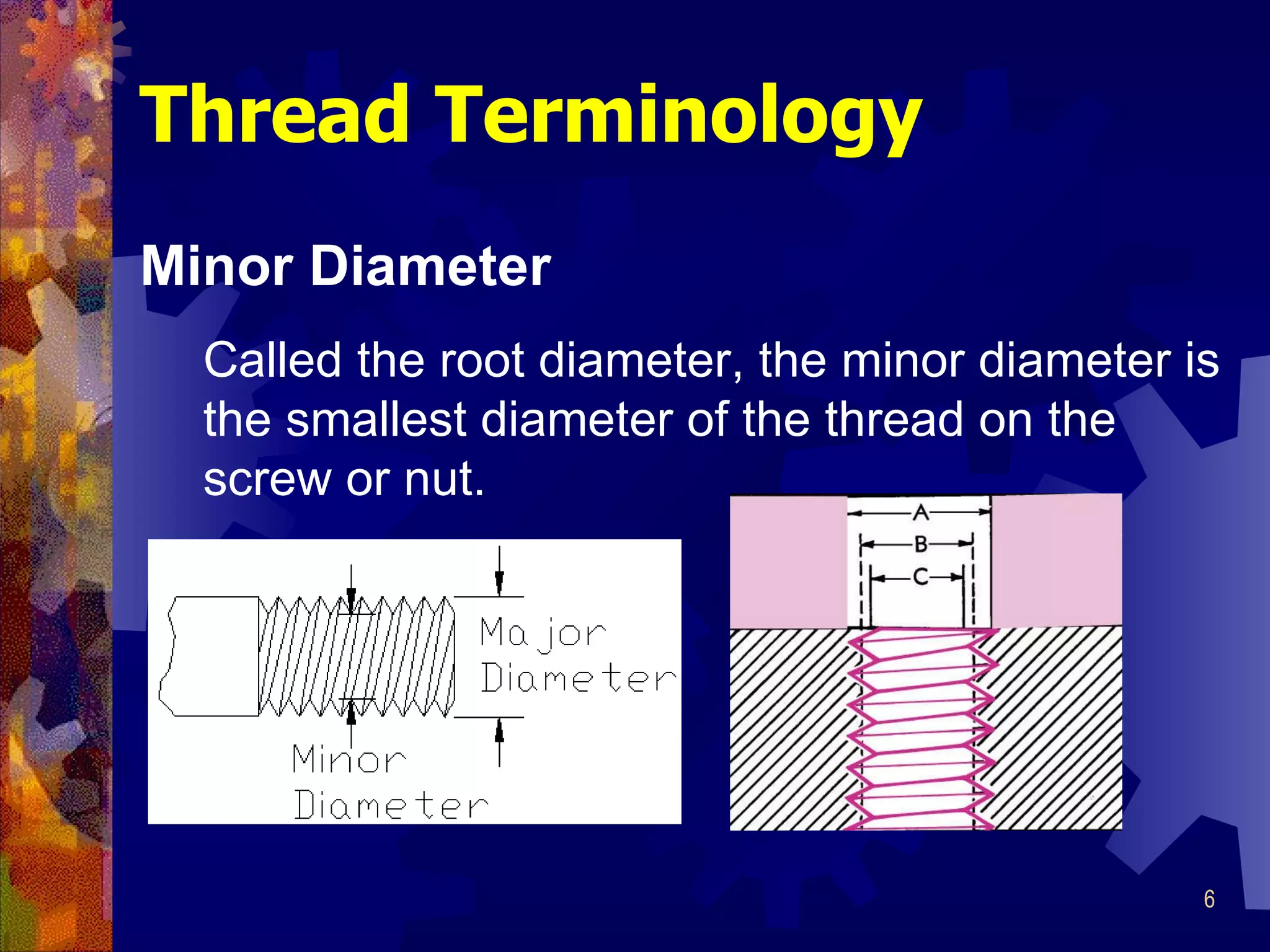 Thread Terminology Minor Diameter Called the root diameter, the minor diameter is the smallest diameter of the thread on the screw or nut. 