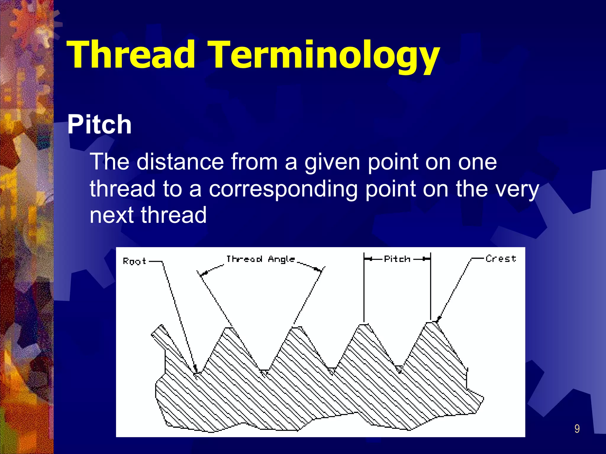 Thread Terminology Pitch  The distance from a given point on one thread to a corresponding point on the very next thread 