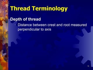 Depth of thread Distance between crest and root measured perpendicular to axis Thread Terminology 