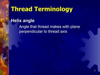 Helix angle Angle that thread makes with plane perpendicular to thread axis Thread Terminology 
