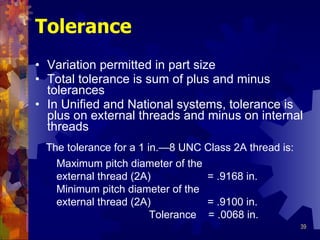 Tolerance Variation permitted in part size Total tolerance is sum of plus and minus tolerances In Unified and National systems, tolerance is plus on external threads and minus on internal threads Maximum pitch diameter of the external thread (2A)  = .9168 in. Minimum pitch diameter of the external thread (2A)  = .9100 in. Tolerance  = .0068 in. The tolerance for a 1 in. —8 UNC Class 2A thread is: 