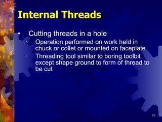 Internal Threads Cutting threads in a hole Operation performed on work held in chuck or collet or mounted on faceplate Threading tool similar to boring toolbit except shape ground to form of thread to be cut 