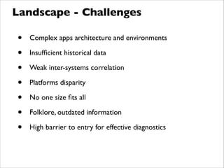 • Complex apps architecture and environments	

• Insufﬁcient historical data	

• Weak inter-systems correlation	

• Platforms disparity	

• No one size ﬁts all	

• Folklore, outdated information	

• High barrier to entry for effective diagnostics
Landscape - Challenges
 