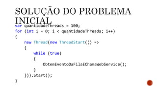 var quantidadeThreads = 100;
for (int i = 0; i < quantidadeThreads; i++)
{
new Thread(new ThreadStart(() =>
{
while (true)
{
ObtemEventoDaFilaEChamaWebService();
}
})).Start();
}
 