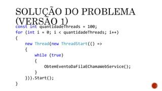 const int quantidadeThreads = 100;
for (int i = 0; i < quantidadeThreads; i++)
{
new Thread(new ThreadStart(() =>
{
while (true)
{
ObtemEventoDaFilaEChamaWebService();
}
})).Start();
}
 