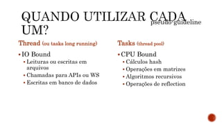 Thread (ou tasks long running)
IO Bound
 Leituras ou escritas em
arquivos
 Chamadas para APIs ou WS
 Escritas em banco de dados
Tasks (thread pool)
CPU Bound
 Cálculos hash
 Operações em matrizes
 Algoritmos recursivos
 Operações de reflection
pseudo-guideline
 