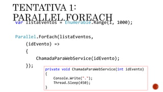 var listaEventos = Enumerable.Range(1, 1000);
Parallel.ForEach(listaEventos,
(idEvento) =>
{
ChamadaParaWebService(idEvento);
});
private void ChamadaParaWebService(int idEvento)
{
Console.Write(".");
Thread.Sleep(450);
}
 