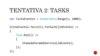 var listaEventos = Enumerable.Range(1, 1000);
listaEventos.ToList().ForEach((idEvento) =>
{
Task.Run(() =>
{
ChamadaParaWebService(idEvento);
});
});
 