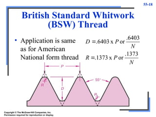55-18
British Standard Whitwork
(BSW) Thread
• Application is same
as for American
National form thread
N
P
R
N
P
D
.1373
or
x
.1373
.6403
or
x
6403
.


Copyright © The McGraw-Hill Companies, Inc.
Permission required for reproduction or display.
 