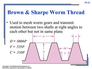 55-22
Brown & Sharpe Worm Thread
• Used to mesh worm gears and transmit
motion between two shafts at right angles to
each other but not in same plane
D = .6866P
F = .335P
C = .310P
Copyright © The McGraw-Hill Companies, Inc.
Permission required for reproduction or display.
 